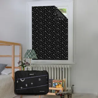 OBdeco Tragbares Verdunkelungsvorhänge Reise Rollo 100% Verdunkelung Saugnäpfe einfach anzubringen passend für Jede Größe und Form(Mond Sterne, 130 x 200 cm)