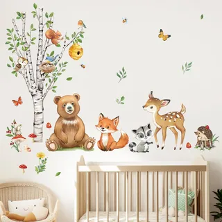 decalmile Wandtattoo Waldtiere Birke Baum Wandaufkleber Bär Fuchs Hirsch Wandsticker Kinderzimmer Babyzimmer Schlafzimmer Wanddeko