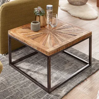 FineBuy Couchtisch Mango Massivholz quadratisch 55x55 cm · Wohnzimmertisch Sternmuster Tischplatte Massivholztisch mit Metallgestell Industrial Design - Braun