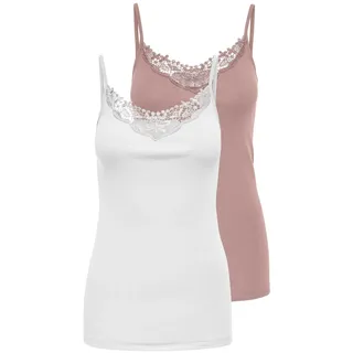 Longtop ONLY "ONLLULU LACE SINGLET 2PACK CS JRS", Damen, Gr. M, weiß (adobe rose pack:weiß), Jersey, Obermaterial: 100% Baumwolle, unifarben, hüftlang, V-Ausschnitt, Tops Longtop