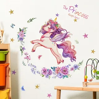 WandSticker4U®- Wandtattoo EINHORN Mädchen "The Princess sleeps here" (72x59 cm) I Wandsticker Kinderzimmer Mädchen Einhorn Blumen Fee Prinzessin Sterne I Wandaufkleber Kinderzimmer Deko