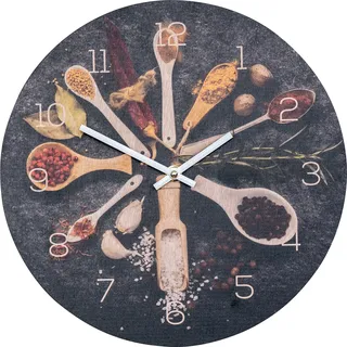 Wanduhr Holz 30x30cm Rund Uhr Holzbild Gewürze Küche Kräuter Wanddeko Holzuhr
