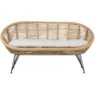 Beliani Gartensofa 2-Sitzer Rattan natürlich Auflage hellbeige Maratea , Naturfarben, Schwarz, Beige , Naturmaterialen , 165x87x64 cm , Gartenmöbel, Loungemöbel, Gartensofas & Loungesofas