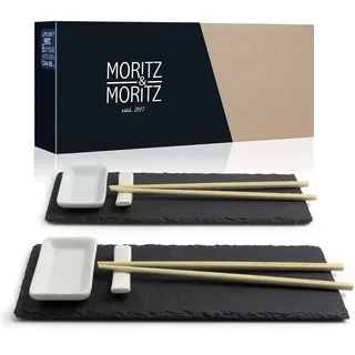 Moritz & Moritz 10-TLG. Sushi Platte Schiefer mit Dipschalen für 2 Personen - 30x10 cm - Sushi Geschirr Schieferplatten mit Stäbchen Ablagebänkchen Dipschalen Schiefertellern