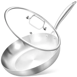 Inqibee Edelstahlpfanne Bratpfanne Unbeschichtet 22 cm mit Deckel - Pfanne Edelstahl, Stainless Steel Frying Pan, Für Induktion & alle Herdarten - Ofenfest, Spülmaschinenfest