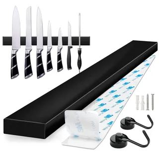 Magnetleiste Messer, 40cm Messerhalter Magnetisch mit 2 Haken Edelstahl Messerleiste Selbstklebend, Schwarz Wandhalterung Magnetleiste Ohne Bohren Messerhalter für Küchenmesser