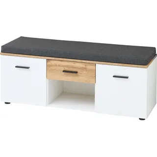 Bank INNOSTYLE "Sparks Schuhbank, 120x47x38cm (B/H/T)", weiß (weiß, eiche altholz), B:120cm H:47cm T:38cm, Holzwerkstoff, MDF, Polyester, Sitzbänke, Bank, 2 türig, 1 Schublade,2 Böden, Softclose, 1 Sitzkissen