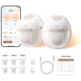eufy Tragbare Milchpumpe E20, Elektrische Milchpumpe mit Wärmefunktion, 3 Heizstufen, HeatFlow Technologie, freihändig, anpassbarer Rhythmus in der App, Krankenhausqualität Saugkraft, leise & diskret