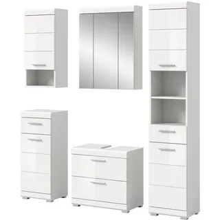 Inn.Furn Badmöbel-Set weiß Hochglanz 5-teilig 164 cm, Komplettset mit viel Stauraum , Weiß Hochglanz , Holzwerkstoff, Glas, Metall , Uni , Rechteckig , 164x191x37 cm , FSC Mix , Badezimmer, Badmöbelsets & Badmöbelserien, Badmöbel-Sets