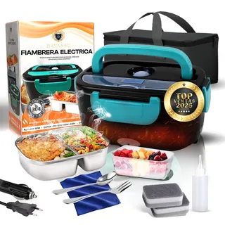 DAVANSU® Super Pack Elektrische Lunchbox, 80 W, 4-in-1 + 7 Zubehörteile | 12 V/24 V/220 V ~ 240 V, tragbarer Speisewärmer mit Thermoskanne für Auto, LKW, Arbeit, 1,5 l, Edelstahl 304 | Thermo-Lunchbox