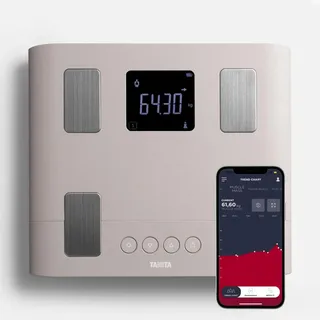 TANITA BC-333LE Familien-Körperanalysewaage, Intelligente Körperfettwaage mit Muskelanalyse für Erwachsene und Kinder ab 5 Jahren, App-Anbindung 150KG - Grau