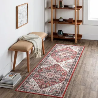 Carvapet Waschbar Läufer Teppich 60x180cm rutschfest Lang Dünner Teppiche Gegend Vintage Medaillon Rot Teppich für Wohnzimmer Schlafzimmer Küche