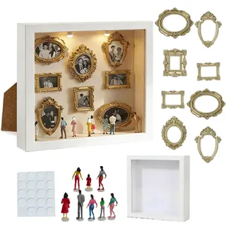 Aoisyesbig DIY-Mini-Museums-Silhouettenbox Foto-Erinnerungsset:Bilderrahmen mit LED-Licht, 8 Mini-Goldrahmen 8 Figuren, Jubiläum, Hochzeit, Wohndekoration