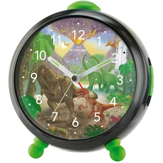 Atrium Kinderwecker Jungen Dino T-Rex – Analog Quarz mit Licht, Snooze & schleichende Sekunde - leise ohne Ticken - Lernwecker für Kinder - Geschenk Einschulung & Geburtstag Schwarz Grün Braun A932-4