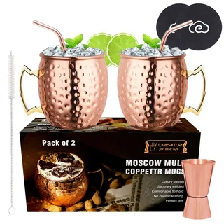 LIVEHITOP 19,5 Oz Moscow Mule Becher 2er Set, Gehämmerte Kupferbecher mit Jigger für Zuhause, Bar, Party, Geschenk