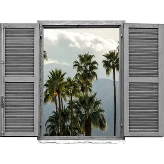 queence Wandtattoo »Palmen vor Bergen« Wandsticker, Wandbild, selbstklebend, 3D, Fenster, grün