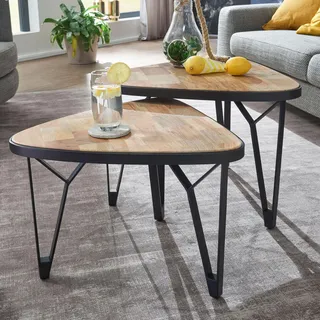 FineBuy Couchtisch 2er Set Mango / Akazie Massivholz Satztisch Dreieckig Wohnzimmertisch Braun mit Metallbeine Tischset 2-teilig Satztisch Holz - Braun