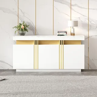 weißes Sideboard 140×38×70 cm mit 3 Türen & verstellbaren Fächern - Weiß