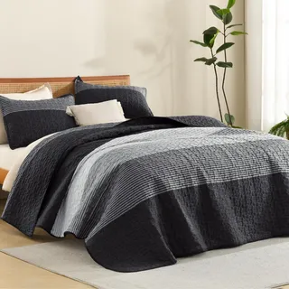 Litanika Quilt King Size schwarz und weiß, gestreift, Patchwork-Sommer-Tagesdecke, 3-teilig, weiche, leichte Mikrofaser, gestepptes Bettwäsche-Set für alle Jahreszeiten (1 Steppdecke, 2 Kissenbezüge)