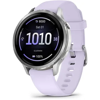 Garmin Venu 4 BT 41 mm Edelstahlgehäuse silber Silikonarmband lila M
