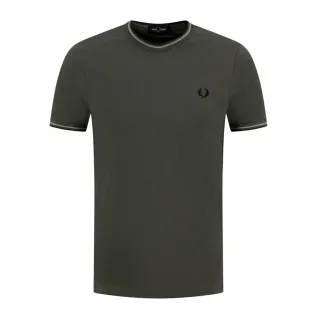 Fred Perry für Herren. M1588 T-Shirt mit zwei grünen Streifen am Rand (M), Lässig, Baumwolle, Kurzarm