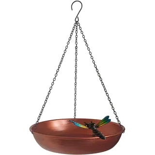 Keygift Vogeltränke zum Aufhängen, für den Außenbereich, 27,9 cm, antikes Kupfer, niedlich, kleine Metall-Vogeltränke mit Abnehmbarer schwarzer Kette, Metall-Libellen für Garten, Hinterhof-Dekoration