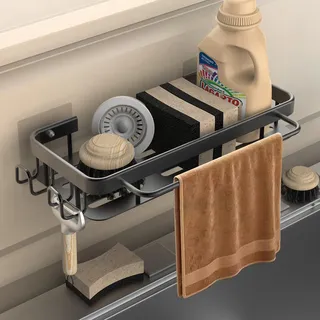 koolkasa Spülbecken Organizer Küche Schwammhalter - Küchen Spüle Organizer mit Spültuchhalter und Zwei Haken,Metalle Hängender Kitchen Badezimmer Organizer- Ohne Bohren (Schwarz)