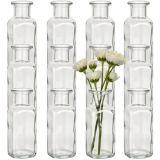gouveo 12er Set Glasvase 100 ml (0,10 l) Glasvase 100 ml Apothekerflaschen-Design eckig aus Klarglas transparent, kleine Deko Vase für Tischdeko & Blumen, Innenraum (AVTE100)