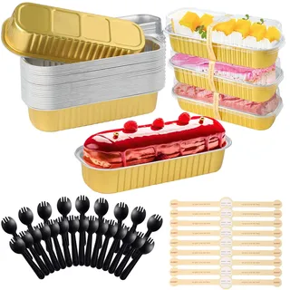 Jogoico Mini Kuchenform mit Deckel & Löffel 30 Stk. Mini Kastenform Kuchen Aluminiumfolie Muffinförmchen 200ml Rechteckige Backformen Aluminium Cupcake Behälter für Brot Kuchen Dessert Gold