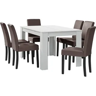 [en.casa] Esstisch weiß matt mit 6 Stühlen braun Kunstleder gepolstert 140x90 Essgruppe Esszimmer - Braun