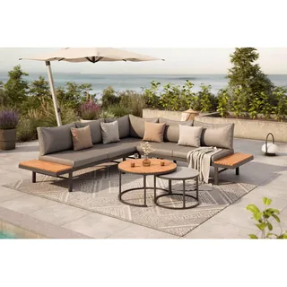 Ambia Garden Loungegarnitur , Grau , Holz, Metall, Glas , Akazie , massiv , Füllung: Komfortschaum,Polyester , L-Form , UV-beständig, Tisch mit Glasplatte , Gartenmöbel, Loungemöbel, Loungegarnituren