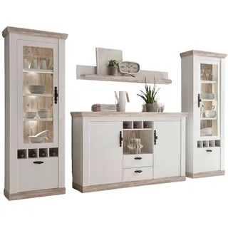 furn.design Wohnwand Rovola Pinie weiß / Oslo Pinie Landhaus Schrankwand 4-teilig 330 x 201 cm FSC 100%, Wohnzimmer, Wohnwände, Anbauwände
