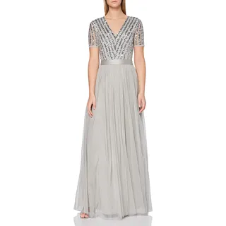 Maya Deluxe Damen Maya Deluxe Women's Maxi V-neck Ball Gown Short Sleeves Long Elegant Empire Waist W Bridesmaid Dress, Soft Grey, 46 EU