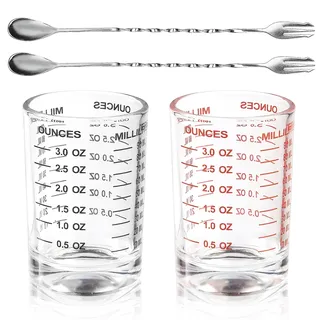 Ziyonix 2 Stück Messbecher 90ml Messbecher Glas Klein Jigger Cocktail Bar Zubehör mit 2 Rührlöffeln für Küche, Bar, Party, Cocktail, Tequila, Wodka (Schwarz, Rot)
