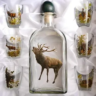 GTK - Geweihe & Trophäen KRUMHOLZ 7 teiliges Schnaps Gläser Set + Karaffe mit Jagddekor Hirsch farbig