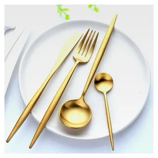 Besteckset für 6 Personen (4er Set Gold, Matt) 24 Teile aus rostfreiem Edelstahl, spülmaschinengeeignet, in elegantem Design, Löffel, Teelöffel, Gabel, Messer