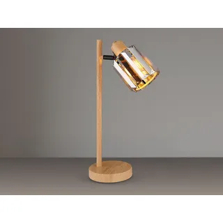 Große LED Tischlampe Holzoptik mit Rauchglas Kristall, Nachttischlampe Höhe 40cm