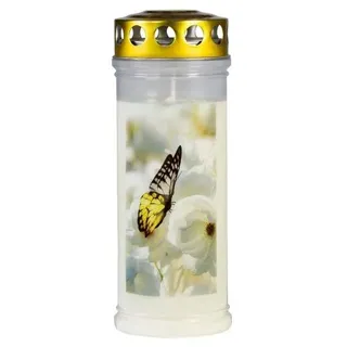 JEKA Grabkerze - Schmetterling Motiv, 21,5 cm, 7,5 cm, 100% Pflanzenöl, 150-160 Std Brenndauer, Unparfümiert, Outdoor, Kerze