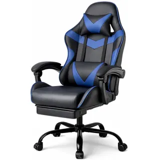 DUMOS Gaming Stuhl, Chair Gamer Sessel - Ergonomischer Gamer Stuhl mit Fußstütze Kopfstütze und Lordosenstütz Höhenverstellbar Gepolstert Gamingstuhl 150 Kg Tragkraft PC Sessel Drehsessel Schwarz-Blau