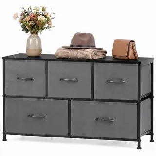 DUMOS Kommode mit Schubladen - Kommoden & Sideboards für Schlafzimmer Geeignet, Komodenschrank mit 5 Schubladen, Stoffkommode mit Stahlrahmen, Schrank Klein, Ideal für Flur, Wohnzimmer (Grau)