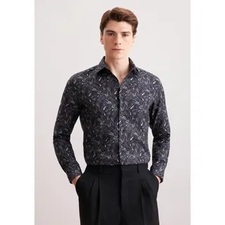 Flanellhemd SEIDENSTICKER "Schwarze Rose", Herren, Gr. M (40), normale Ärmellängen, grau, 100% Baumwolle, geblümt, unifarben, slim fit, 2-Knopf-Manschette, Hemden Flanellhemd, Slim 1/1 Kentkragen Geblümt