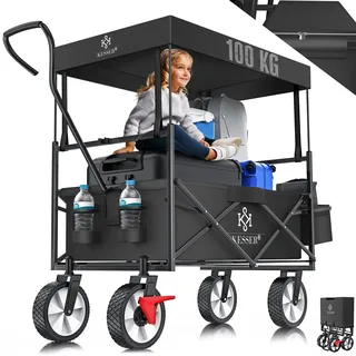 KESSER® Bollerwagen faltbar mit Dach Handwagen Transportkarre Gerätewagen | inkl. 2 Netztaschen und Einer Außentasche | klappbar | Vollgummi-Reifen | bis 100 kg Tragkraft | Mit Vorderrad-Bremse - Schwarz