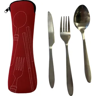 Reise Camping Besteck SET Messer Esslöffel Gabel Travel Outdoor Tasche in Rot