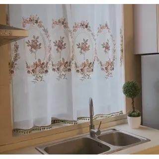 A.Monamour Gardine Scheibengardinen Kurzstores Weißer Transparenter Voile mit Vintage Rosen Blumen Stickerei Kurzvorhang Kurzgardinen Fensterbehandlung Küche Vorhang Fenster Kurz Stores Bistrogardine