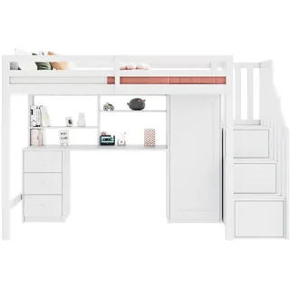 Flieks Etagenbett 90x200cm Weiß Mit Schreibtisch & Kleiderschrank , Holzwerkstoff , 90x200 cm , Babymöbel & Kindermöbel, Kinderzimmer & Jugendzimmer, Kinderbetten, Hochbetten