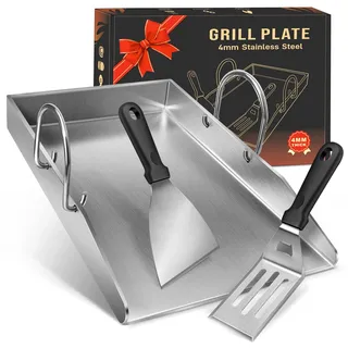 Grillplatte Plancha Geschenke für Männer Frauen, mit 2 Grillspachtel Set, 4mm Dickem Edelstahl BBQ mit Abnehmbar Griffen, für Gasgrill und Holzkohlegrill 40 x 30 x 4 cm,