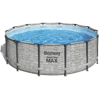 Bestway® Steel Pro MAXTM Aufstellpool Komplett-Set mit Filterpumpe Ø 427 x 122 cm, Steinwand-Optik (Cremegrau), rund - Grau