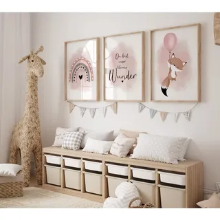 MeinBaby123® Bilder Kinderzimmer | 3er Set DIN A2 Poster Set | Deko| Wandposter Premium (Fuchs & Luftballon rosa A2)