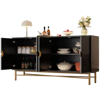 Flieks Sideboard Schwarz 4 Türen Gold Griffe Hochglanz 160x40x82cm , Holzwerkstoff , 40x82x160 cm , Kleinmöbel, Kommoden, Sideboards