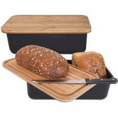 Gadgy Brotkasten Bambus - Brotdose mit Schneidebrett und Deckel - Brotkasten Schwarz - Luftdicht, Frischhalten - Mit Anti-Rutsch-Füßen